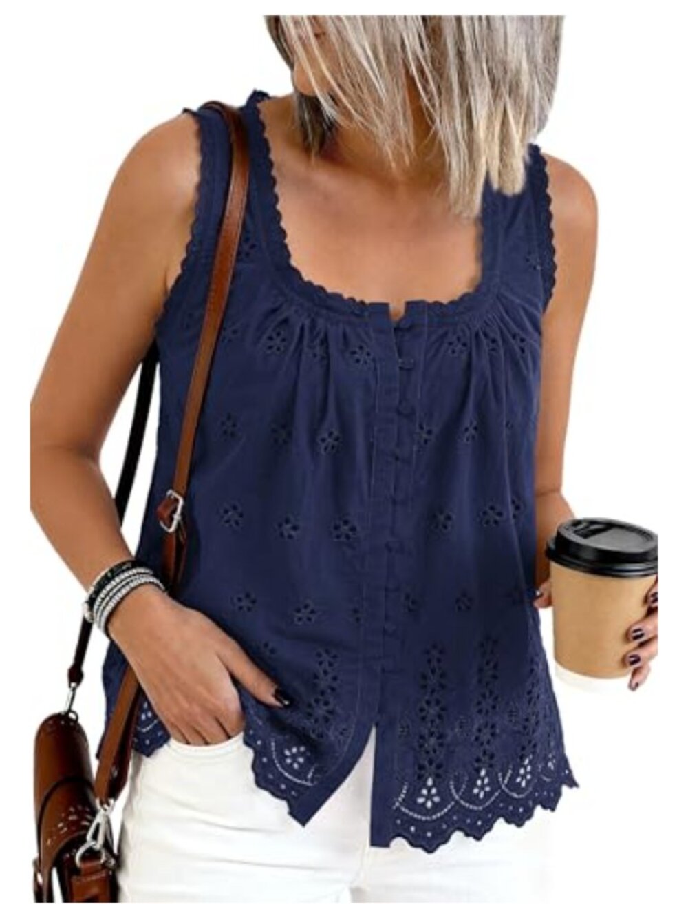 Eyelet Lace Tank Top Embroidery Sleeveless Button Down Blouse